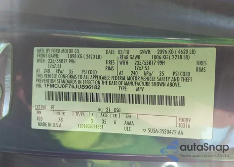 2018 Ford Escape S from USA, damaged, VIN 1FMCU0F76JUB96182